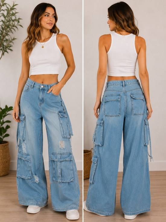 No Label Denim - Wide Leg Cargo Jeans in Light Blue